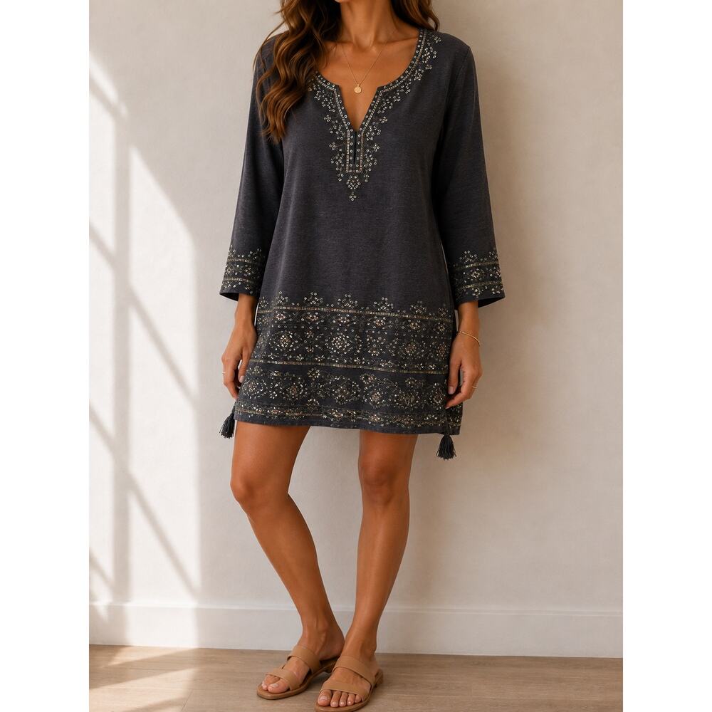 CALYPSO St. Barth 100% Linen Sequin Embellished Tunic Dress Boho Luxe Medium - Picture 2 of 9